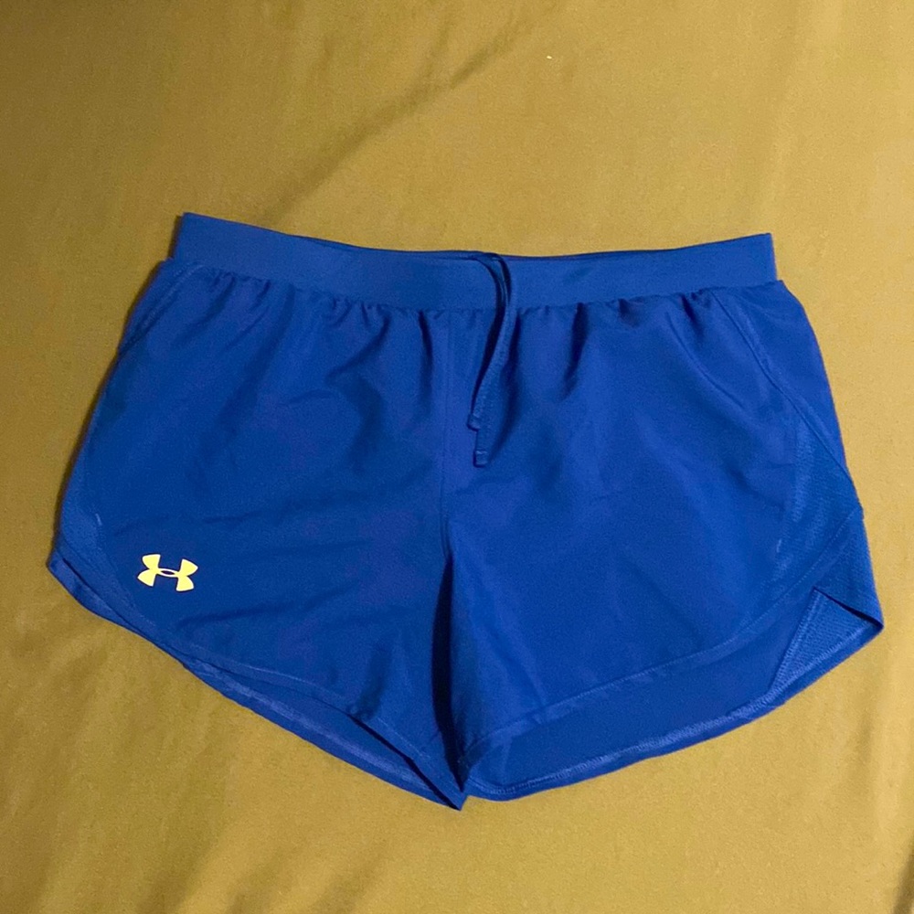 Under Armour women’s Fly By 2.0 running shorts- Med, royal blue, like new